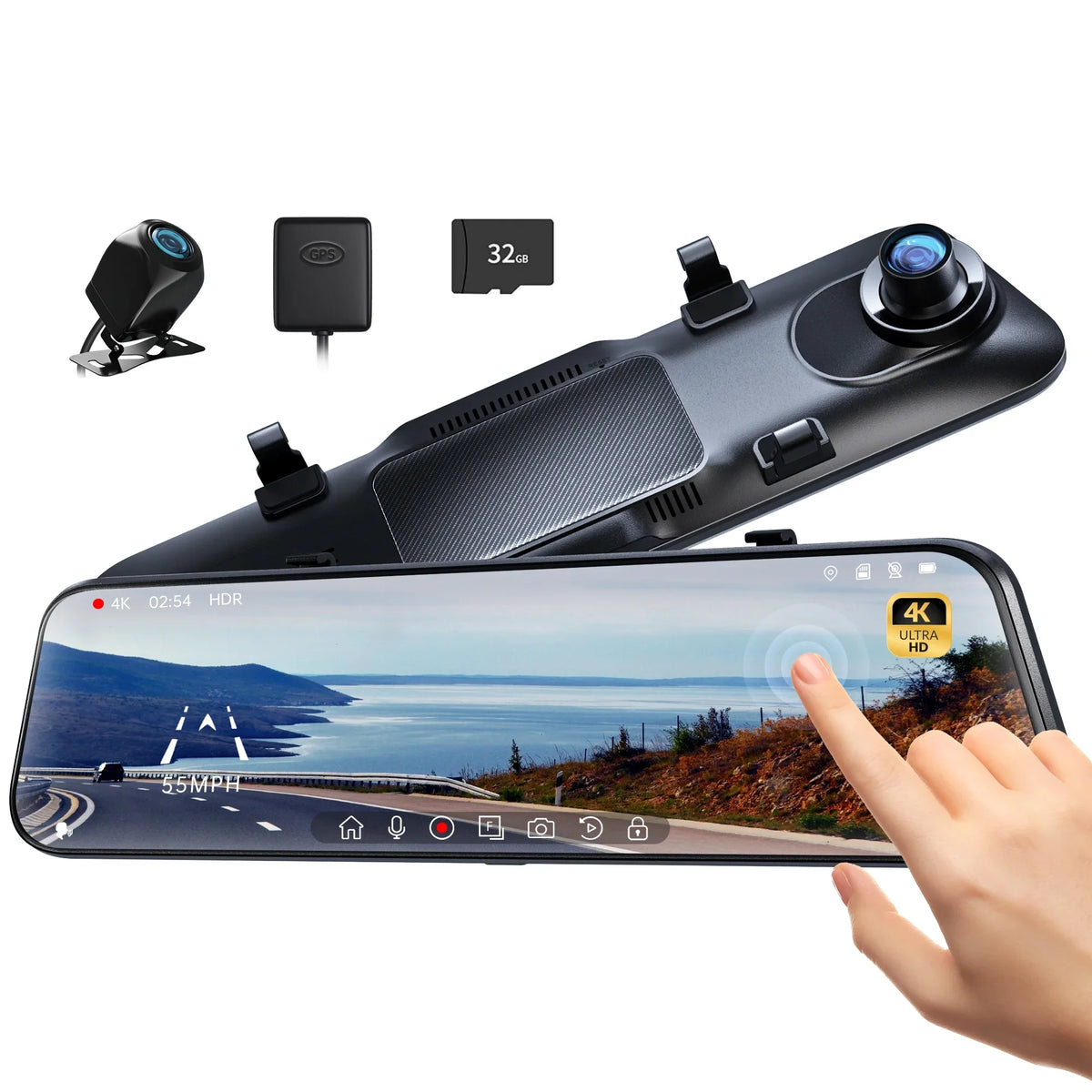 Front Parking Rear Backup Camera, Monitoring, PELSEE Rearview Full & Voice Free Cameras for Camera, 2160P Control, with 32GB Mirror 12" Cam Mirror Dash Cam Dual GPS Cars, Dash and Card 4K HD