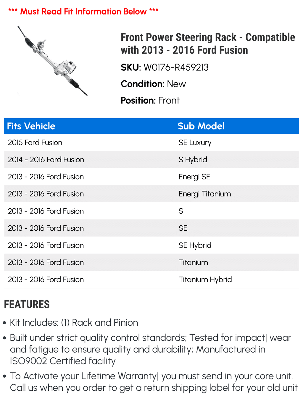 Power 2013 Ford with - Fusion - 2015 Front Steering Rack Compatible 2014 2016 Electric