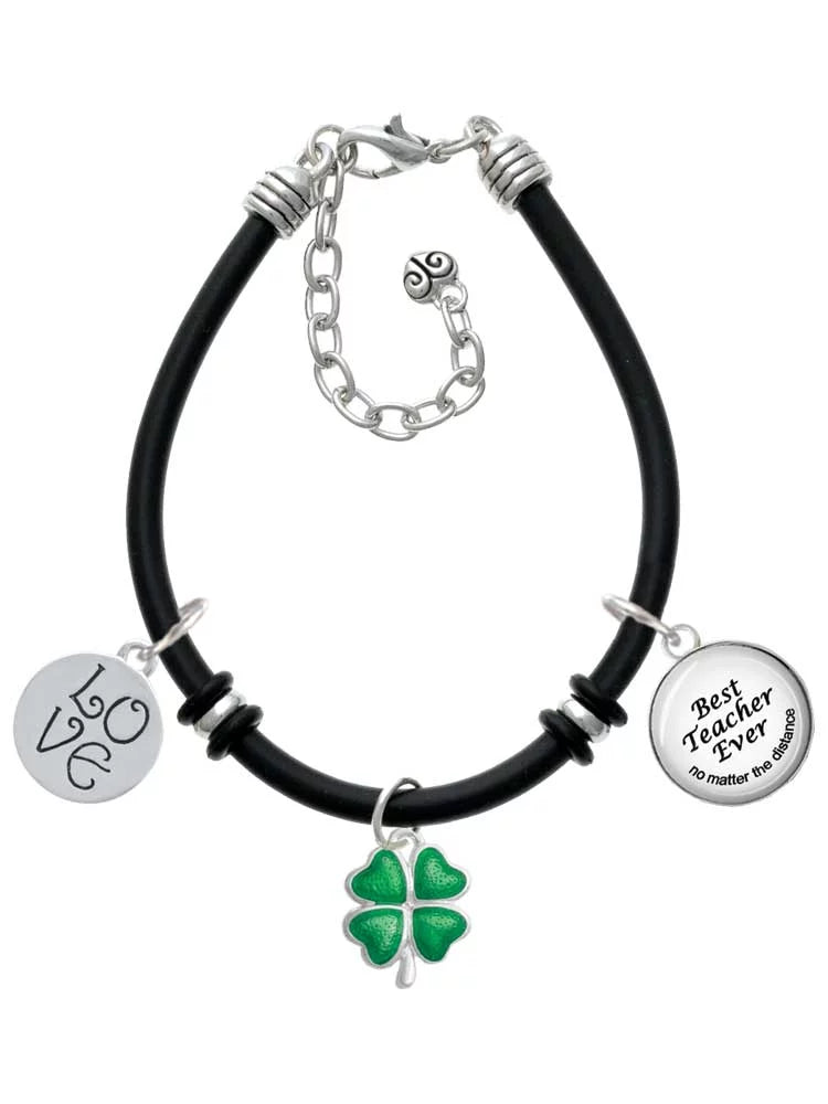 Silvertone Lucky Translucent Teacher Clover Delight Ever Rubber Four Dome Bracelet Black Best Leaf Charm Green Jewelry