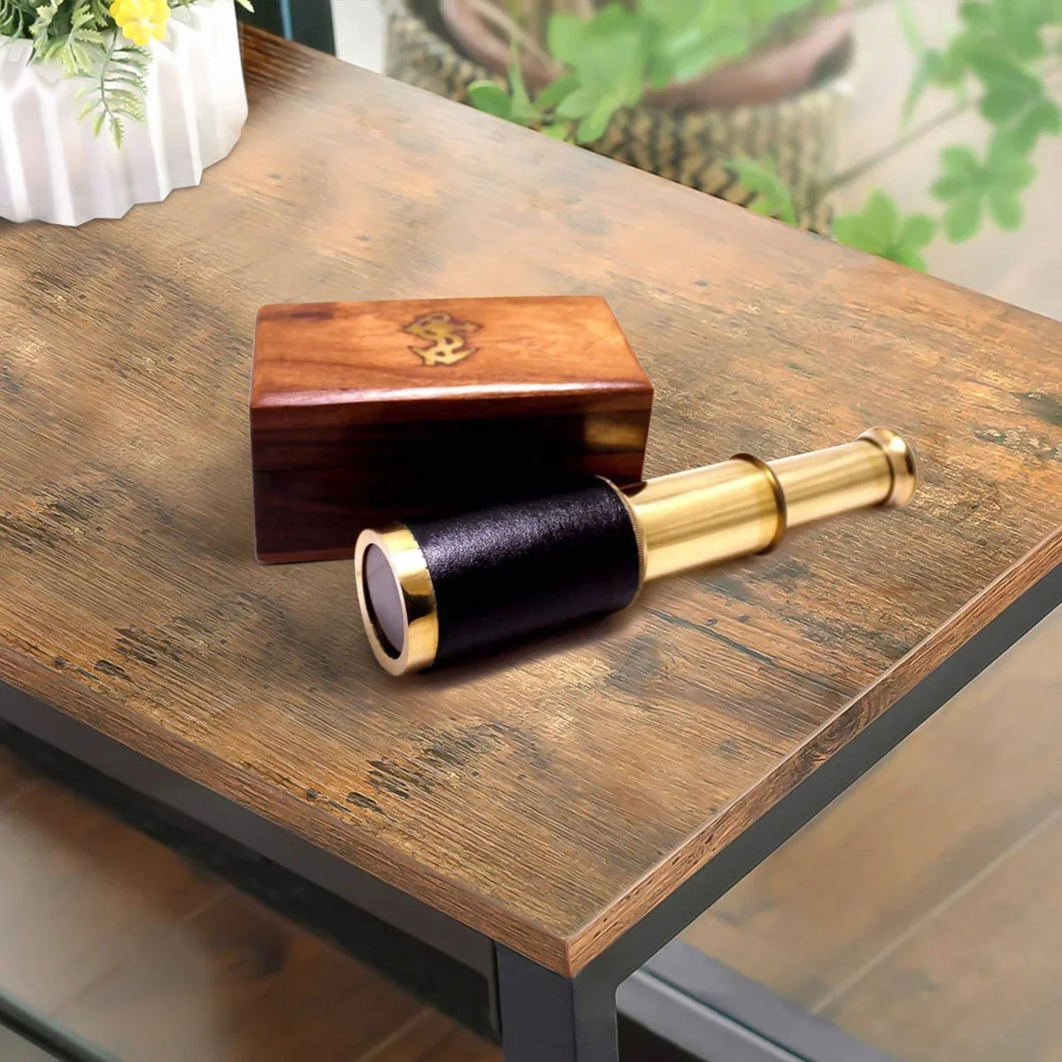 Box Brown Wooden Saltoro Brass with Gold - Telescope Small and Sherpi Pullout