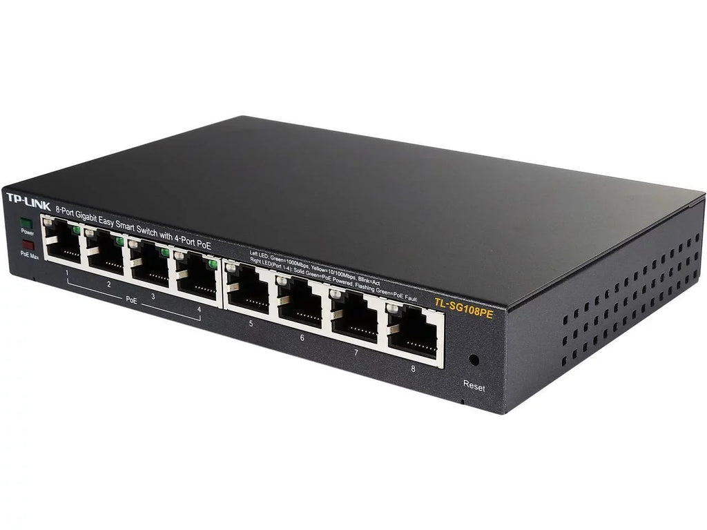 Sturdy | TL-SG108PE | PoE+ QoS, | Easy Metal Vlan 8 Play Ports | | Gigabit & TP-Link Ports & @64W Fanless Limited Port w/ IGMP | Smart Switch Protection PoE Plug 4 Managed | | V3 Lifetime Shielded