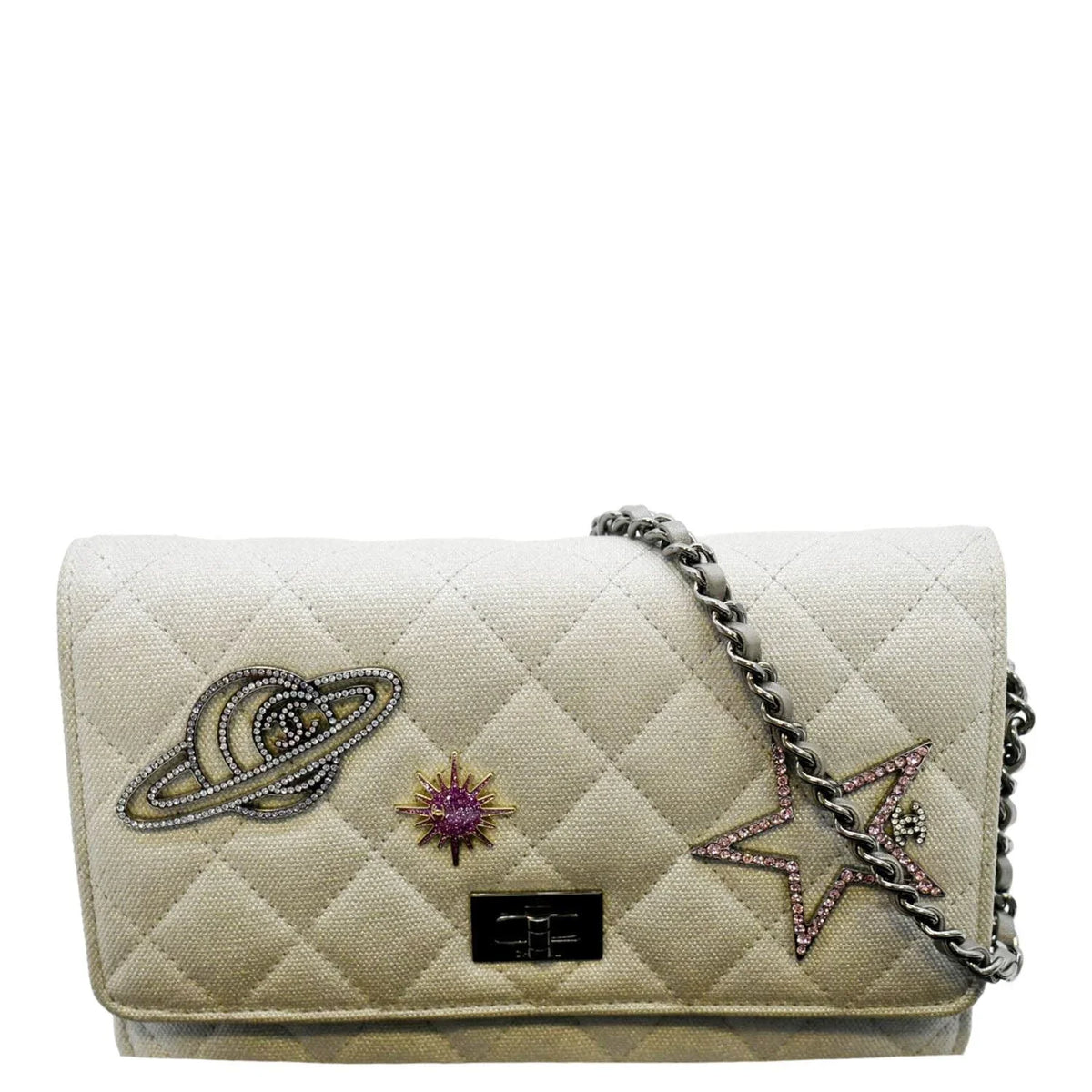 WOC Bag Reissue Crossbody Space Light Canvas Grey Pre-Owned CHANEL Quilted Charm 2.55 Classic