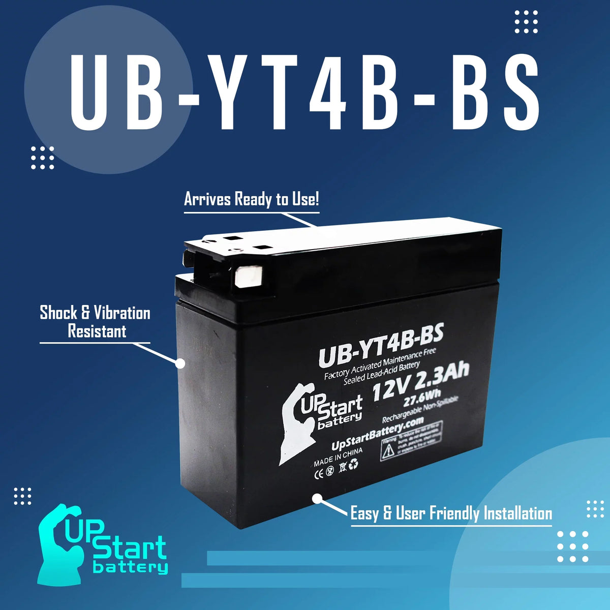 SR400 2005 UpStart 400CC - Activated, Replacement Maintenance for Factory UB-YT4B-BS 2.3Ah, Battery Yamaha 5-Pack Free, Battery 12V, Motorcycle