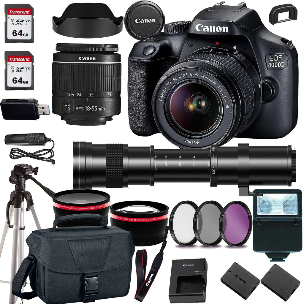 4000D/Rebel Cards w/Canon Zoom DSLR 18-55mm Lens+420-800mm Canon Zoom T100 (24PC) HD F/3.5-5.6 EOS EF-S Telephoto Camera lens+case+128Memory