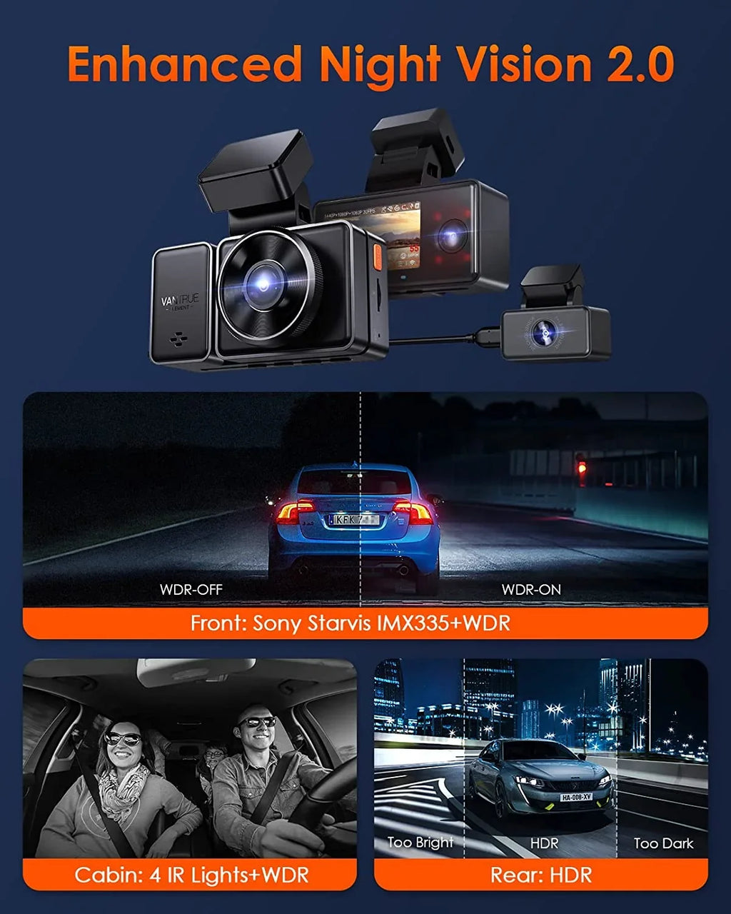 Control, STARVIS Parking Hours Inside, E3 with Rear Way GPS 24 Support WiFi 2.5K Dash Night Camera Vantrue Triple Dash 1944P+1080P+1080P 512GB Voice and 3 Max Vision, Cam Mode, Channel 3 IR Front