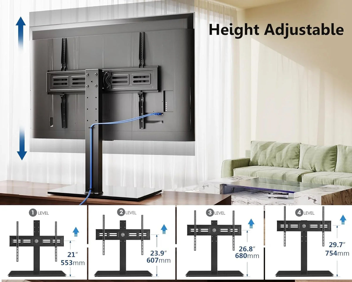 100 up Mount Degree Tabletop 50 with HBBOOMLIFE for 143 Holds Tempered TV Stand/Base Flat 4 lb to to TV Swivel Glass inch Level Height Swivel Screen 85 Base Universal TV Adjustable Stand