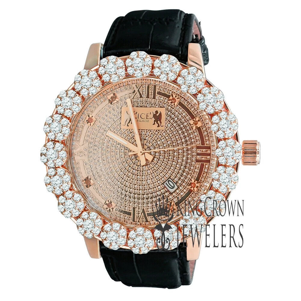 Rose Flower Bezel Genuine Watch Diamond Roman W/Date Dial Leather Mens Wrist Face Khronos Tone Genuine Gold