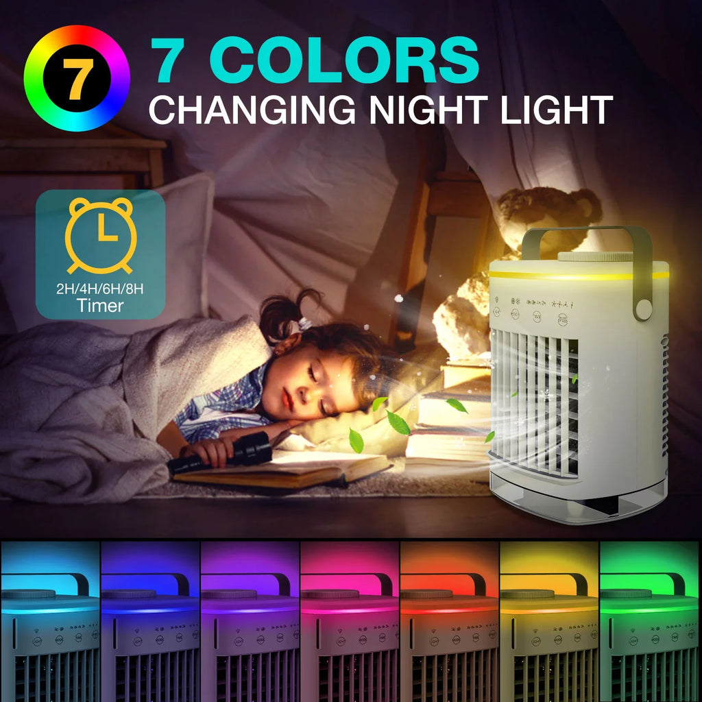 2-8H Air Light 7 Portable Hiroke Timer Fan Desk Office for Night Desktop Conditioners Fan Spray Personal Camping & 4-Speed Cooler Air with Home Conditioner Mini Air