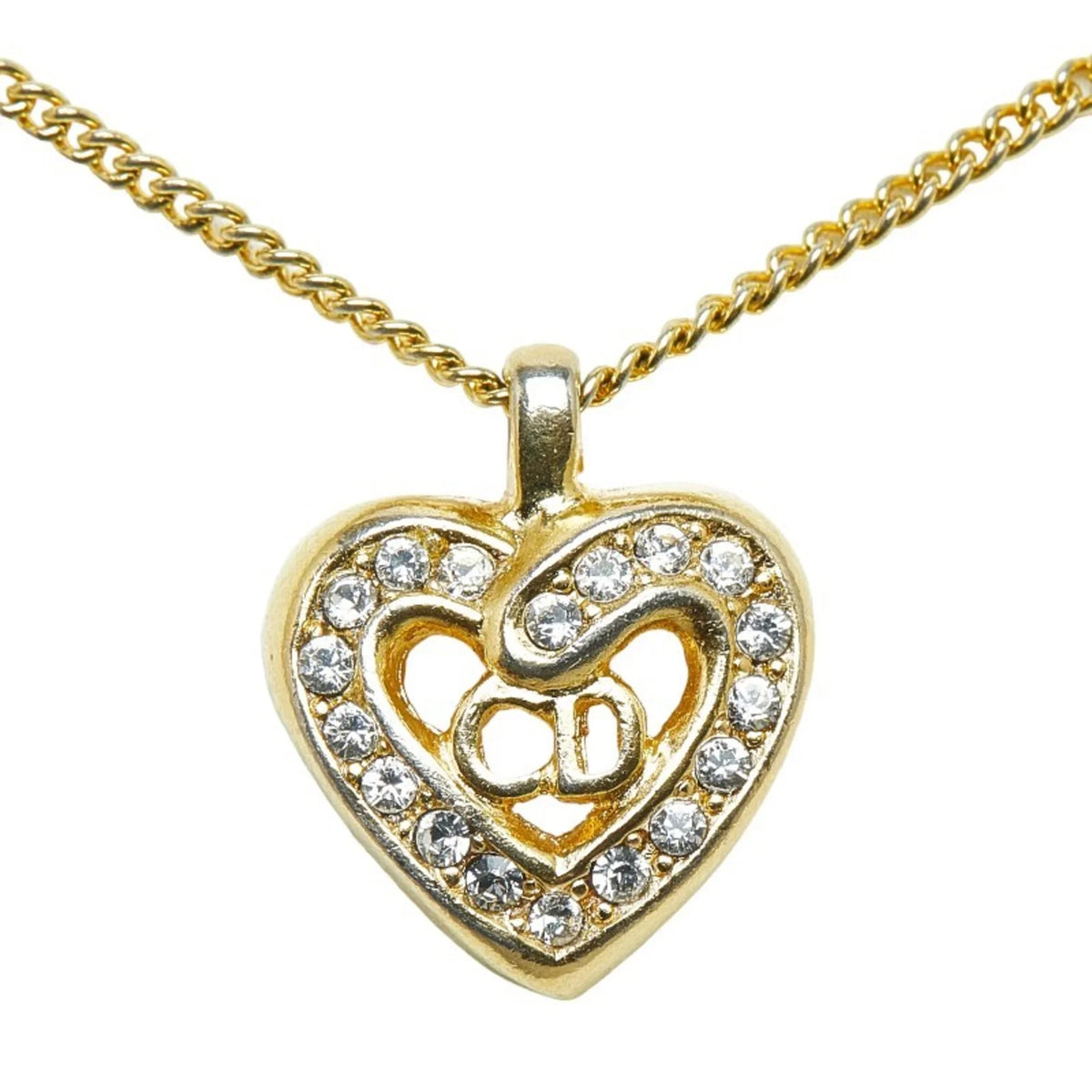 Gold Necklace Women's Dior Rhinestone Christian CD Pre-Owned Plated Heart (Good) Dior