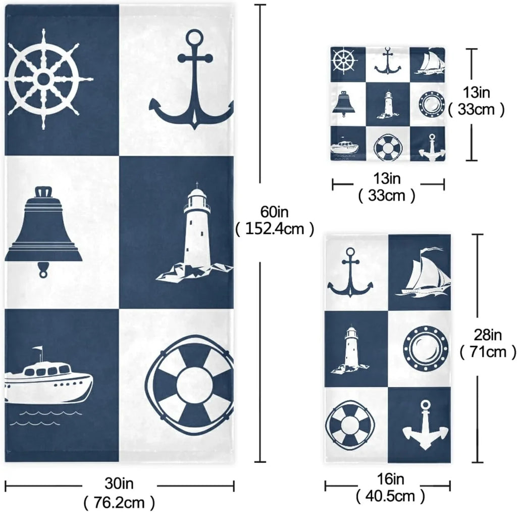 Cotton Soft Bathroom Anchor Absorbent Sets 3 Vessel Towels Fingertip Decorative Checked Lighthouse Bath Hand Sailing for Towels Towel Piece Bestwell