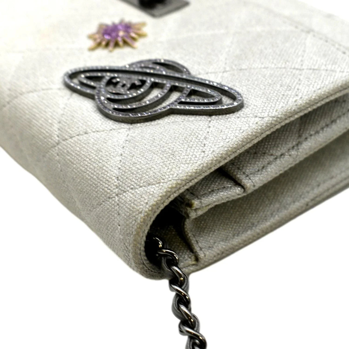 WOC Bag Reissue Crossbody Space Light Canvas Grey Pre-Owned CHANEL Quilted Charm 2.55 Classic
