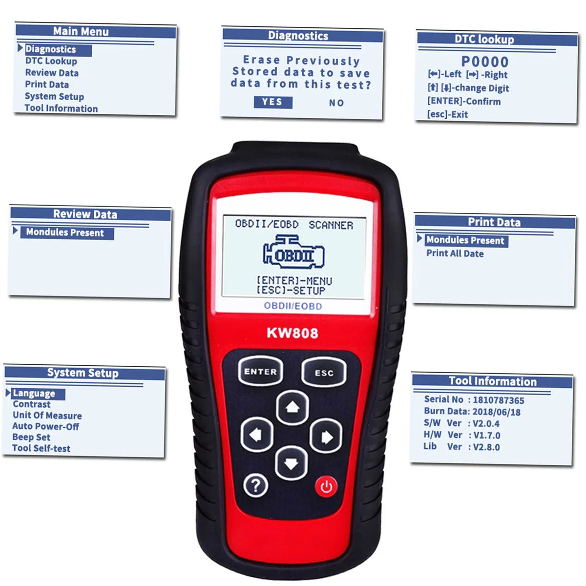 and OBDII Reader KW808 Decoder / EOBD Auto Detection OWSOO Scanner Cars Code