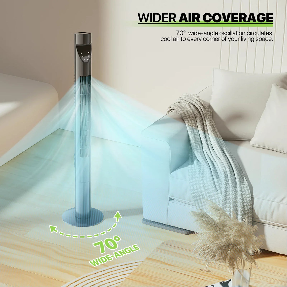 Noise Fan Tower LED 3-Speeds Low USA 47"Oscillating w/Remote Fan & Bladeless