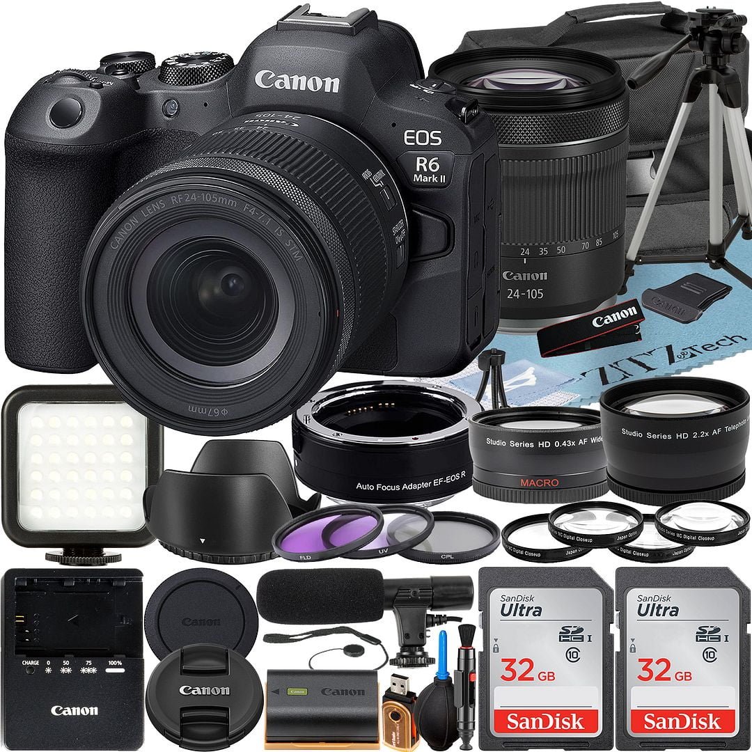 2 with Accessory Card EOS R6 Mount Camera SanDisk + + 32GB Pack + Adapter RF Canon + II ZeeTech + Mark 24-105mm Mirrorless Case Flash Memory LED Lens