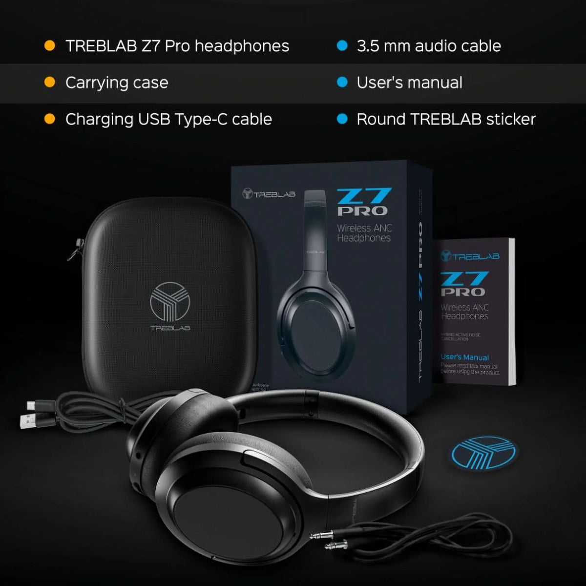 Control Bluetooth Charging, Ear - Canceling 45H Headphones with Hybryd TREBLAB Z7 Wireless & Mic USB-C Fast Touch Over ANC PRO Playtime Headphones (Grey) - Noise Sound, Active w/aptX, Stereo
