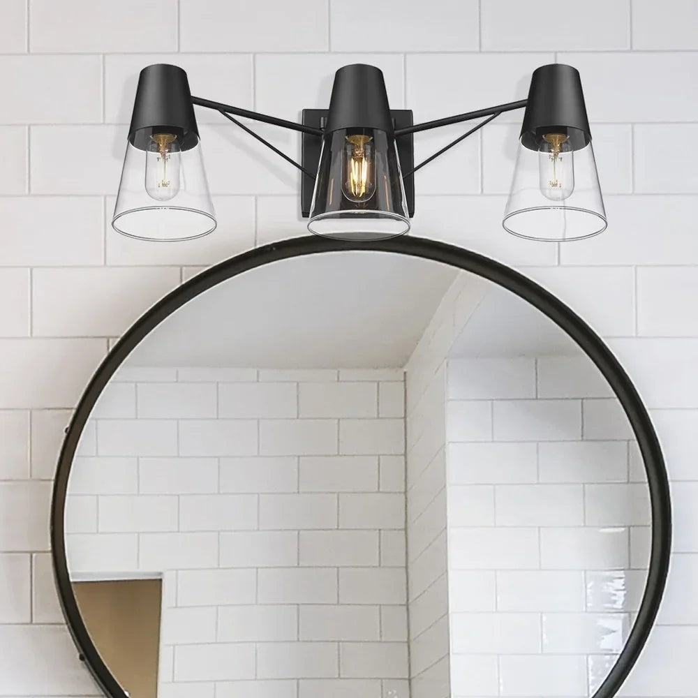 Black/Clear 3-Light Ryker Vanity Bath Matte Metal/Glass Lighting in Golden
