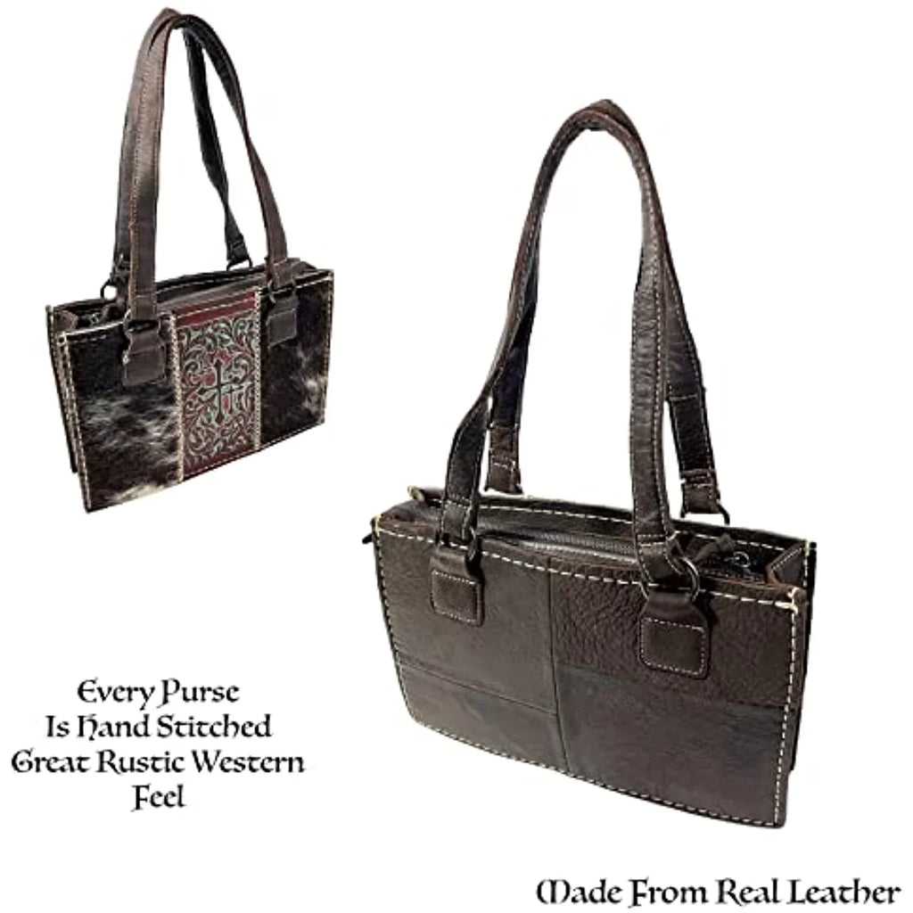 In Zipper Purses Brown) Western Tote Crosses Handbag the Western Genuine Leather Hand Dark Shoulder Urbalabs with Women Over CowHair (Dark Stitched Purse Brown Bag for Tooled