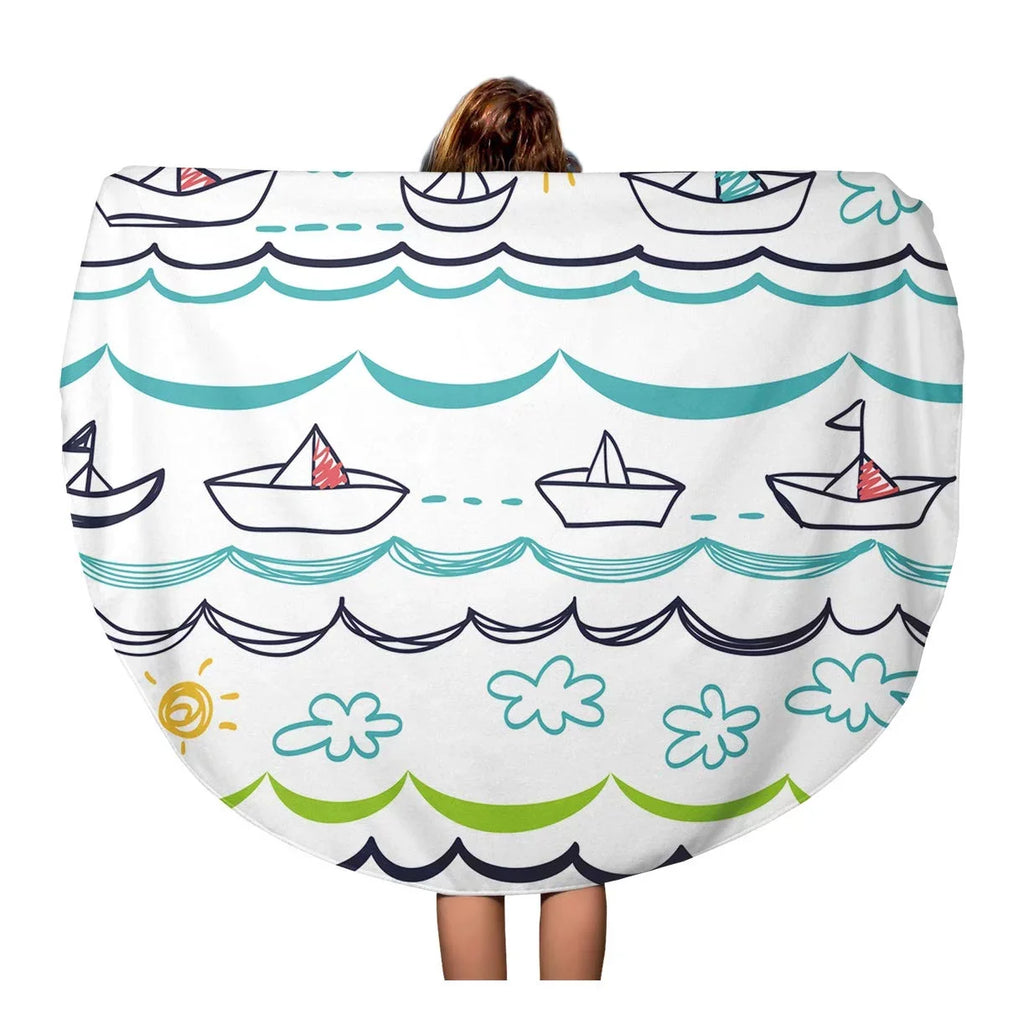 Beach Cartoon Beach 60 Blanket Mat Tapestry Round Throw Towel Baby Children Blue LADDKA Towels White Child inch Abstract Boats Circle Pattern Travel Circular