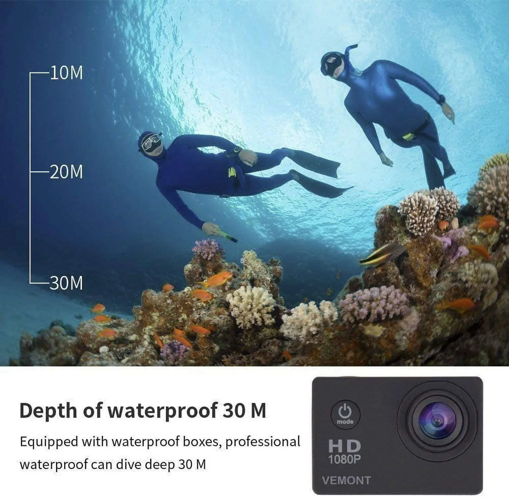 Cam Black Sports VEMONT Action Full Camera, Waterproof Wide-Angle HD surf Inch Mounting Accessories 1080P Kit Camera and 12MP Lens Camera 2.0 30m/98ft with Action Underwater Snorkel