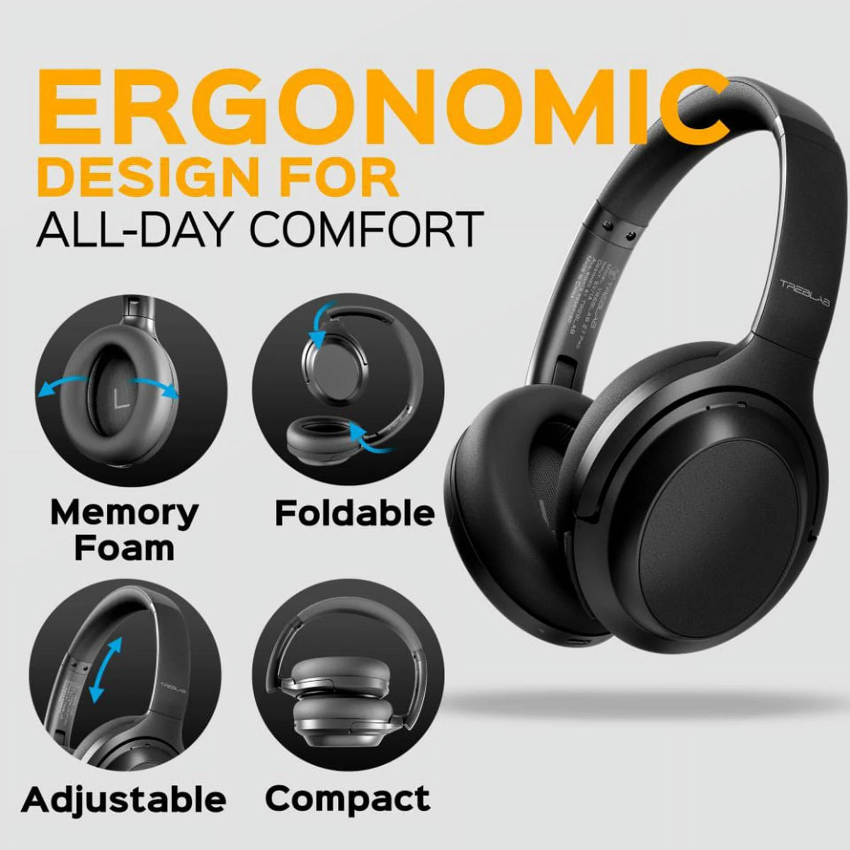Control Bluetooth Charging, Ear - Canceling 45H Headphones with Hybryd TREBLAB Z7 Wireless & Mic USB-C Fast Touch Over ANC PRO Playtime Headphones (Grey) - Noise Sound, Active w/aptX, Stereo