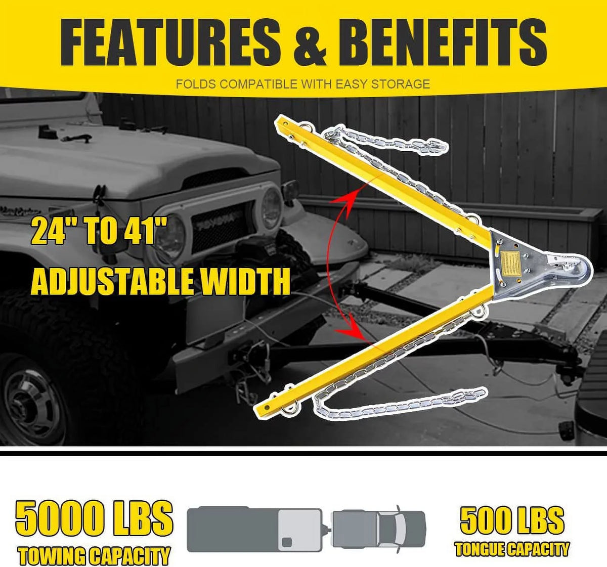 Jeep Adjustable Bar Tow 5000lb RV Towing Compatible with Tow / Adjustable System Bar HPDAVV Mount Bumper Truck Car Yellow w/Chains Kit