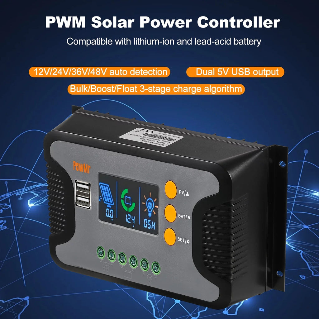 Solar Power Battery Charge 12V-48V Auto Charge PWM LCD Output Detection Solar Charging USB 5V Battery Controller Bulk/Boost/Float Controller Display 30A Dual Controller Vistreck 12V/24V/36V/48V with