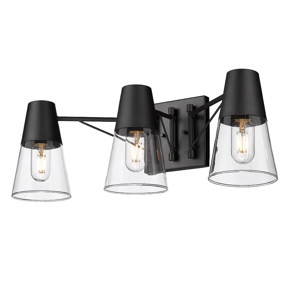Black/Clear 3-Light Ryker Vanity Bath Matte Metal/Glass Lighting in Golden