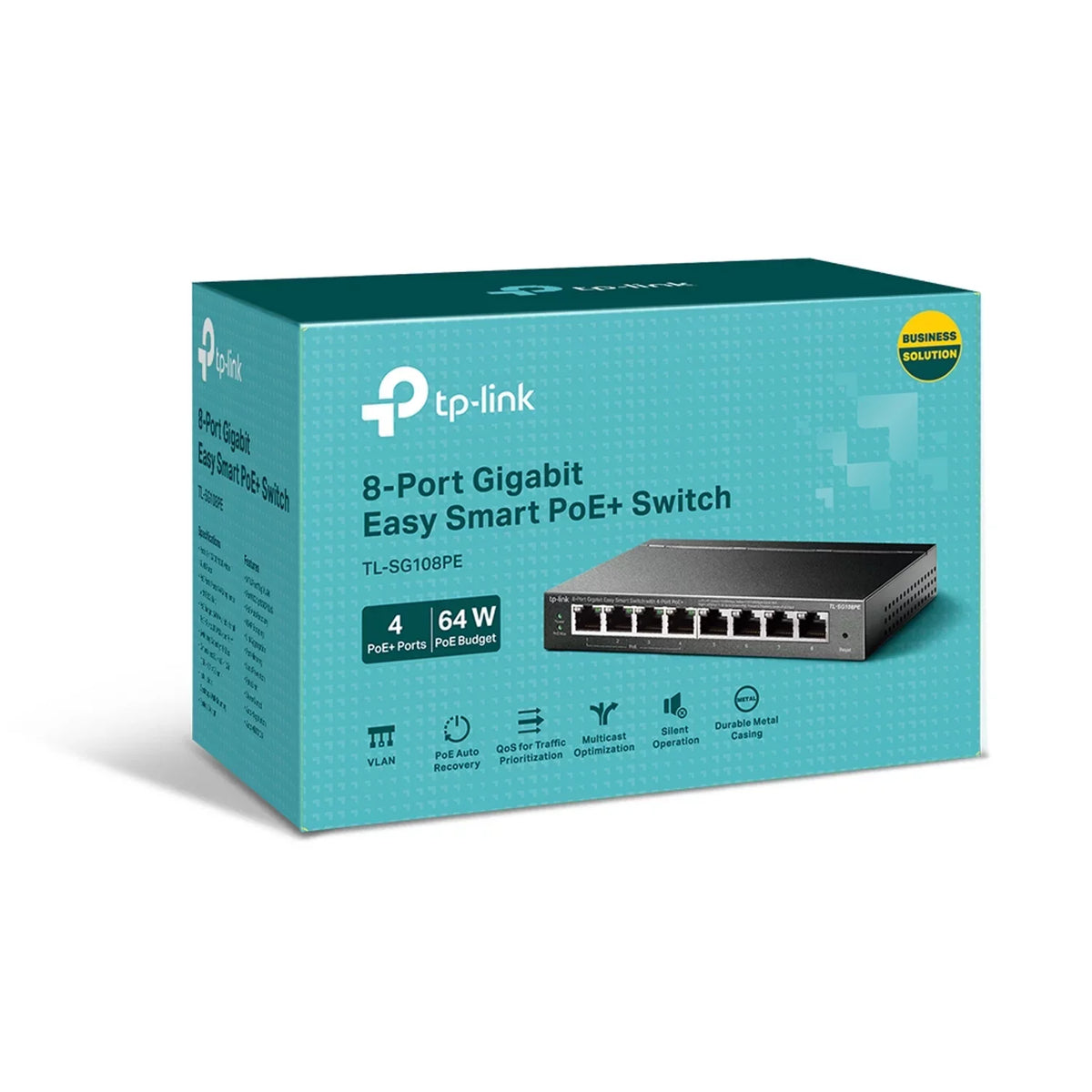 Sturdy | TL-SG108PE | PoE+ QoS, | Easy Metal Vlan 8 Play Ports | | Gigabit & TP-Link Ports & @64W Fanless Limited Port w/ IGMP | Smart Switch Protection PoE Plug 4 Managed | | V3 Lifetime Shielded