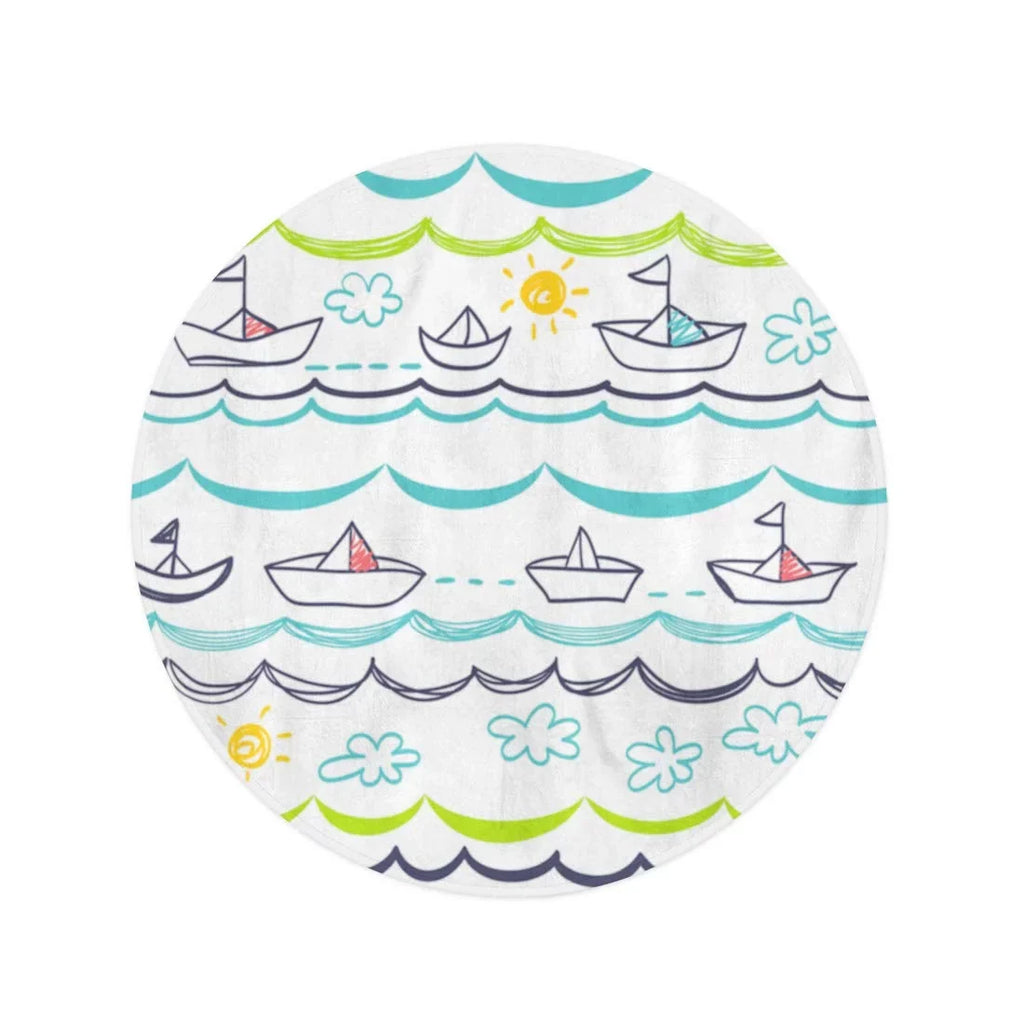 Beach Cartoon Beach 60 Blanket Mat Tapestry Round Throw Towel Baby Children Blue LADDKA Towels White Child inch Abstract Boats Circle Pattern Travel Circular