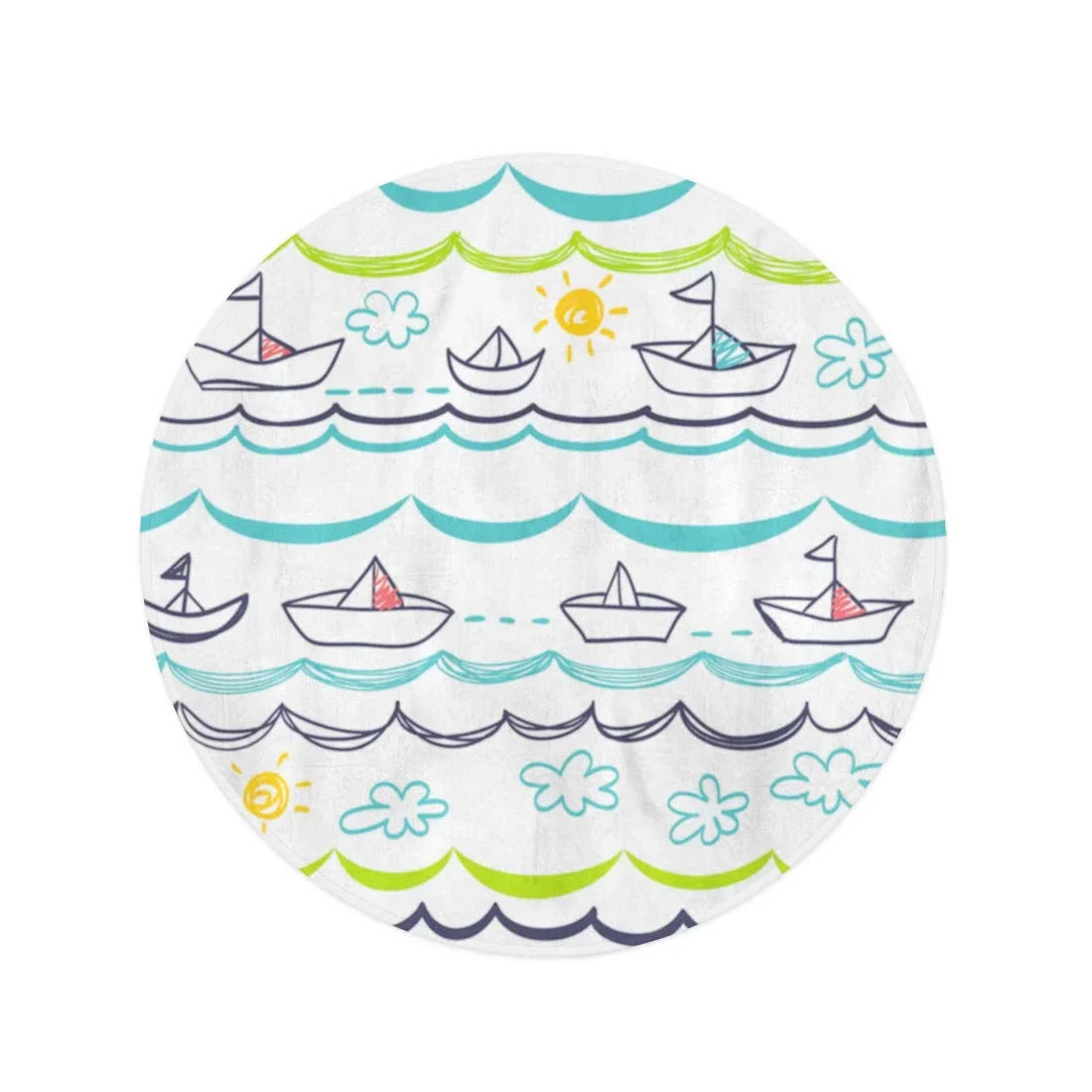 Beach Cartoon Beach 60 Blanket Mat Tapestry Round Throw Towel Baby Children Blue LADDKA Towels White Child inch Abstract Boats Circle Pattern Travel Circular