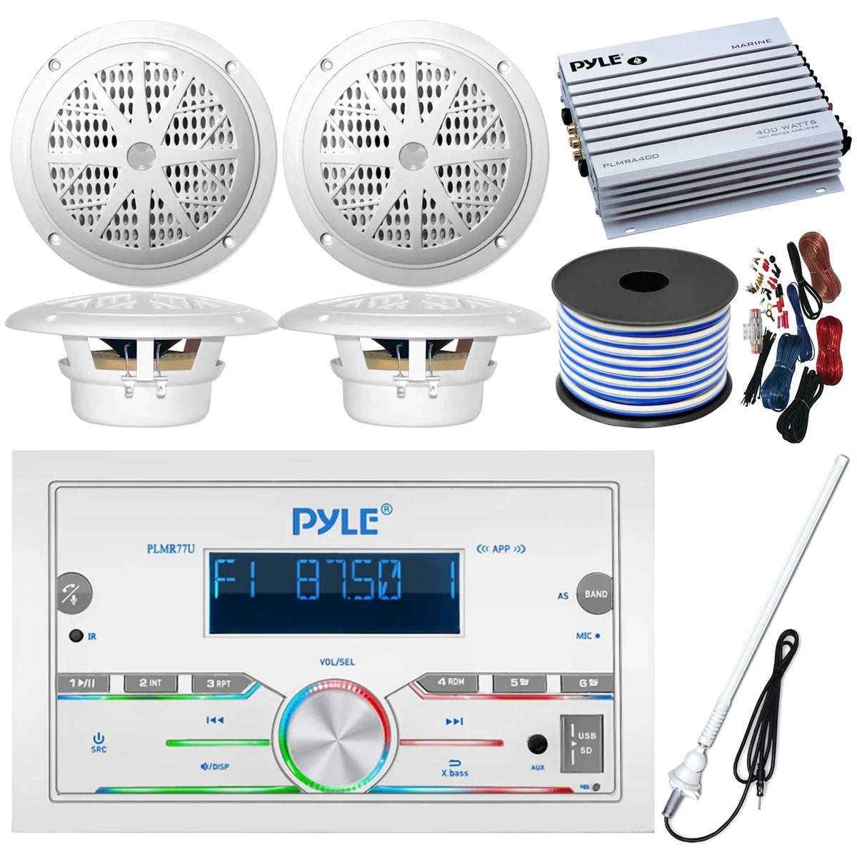 Pontoon White Marine FT 50 Bundle: 6.5'' Speaker Pyle Amplifier, 21-29' 4-Channel Installation 4x Wire, Audio Waterproof DIN Double Antenna Receiver, Gauge Bluetooth Amp 18 Radio Kit, Speakers, Boat