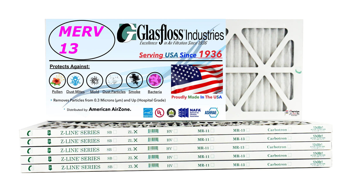 MERV - Air 13 29.5x7/8 -Qty:6 - Glasfloss - Size: (Actual Made Furnace 12x30x1 Filter USA inch) in x 11.5