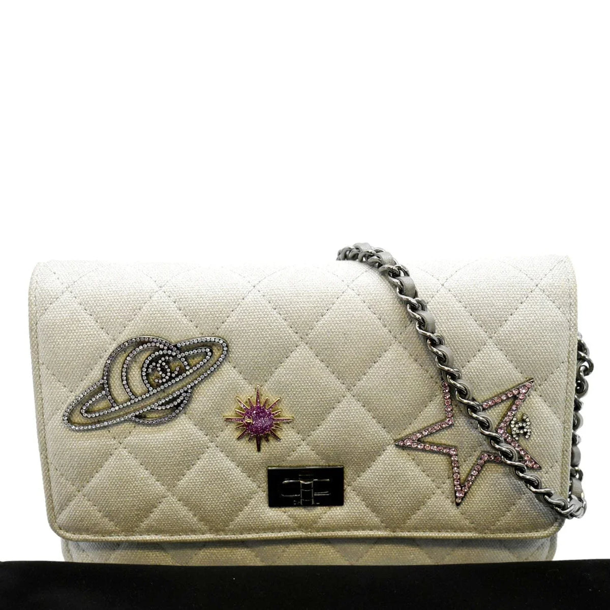 WOC Bag Reissue Crossbody Space Light Canvas Grey Pre-Owned CHANEL Quilted Charm 2.55 Classic