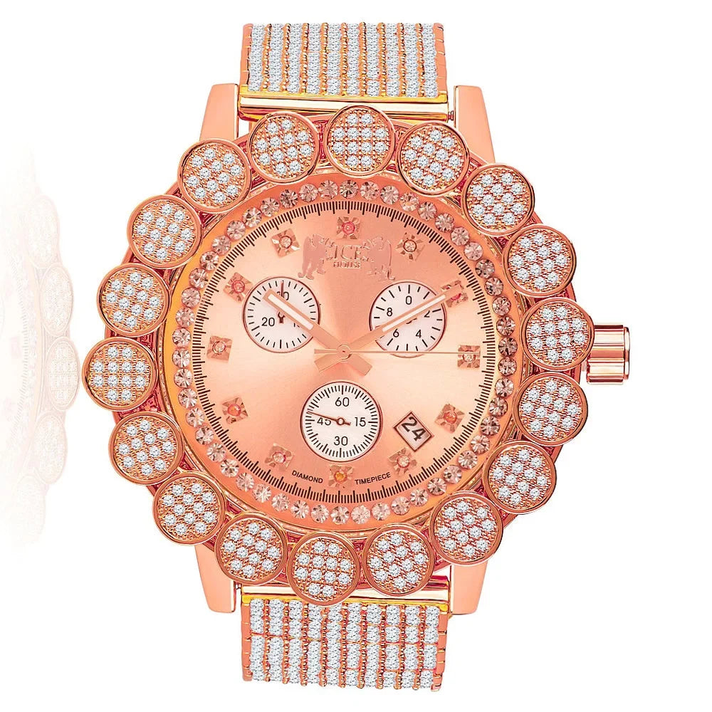W/Date Real Band Rose Out Big Iced Men's Full Flower 14k Khronos Tone Face Gold Bezel Diamond Watch
