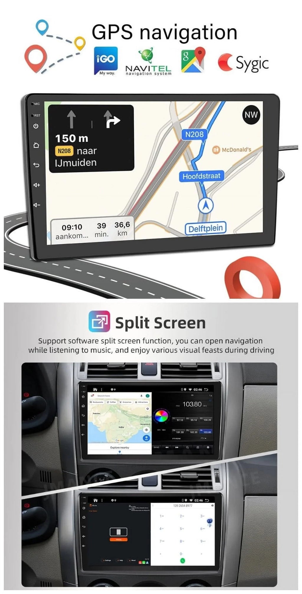 Radio 1280*720 Backup 10.1" Android GPS Bluetooth Din Camera Stereo Screen Double Carplay 2+32GB Android WiFi FM/RDS Car IPS AHD Wireless Auto USB Navigation Receiver