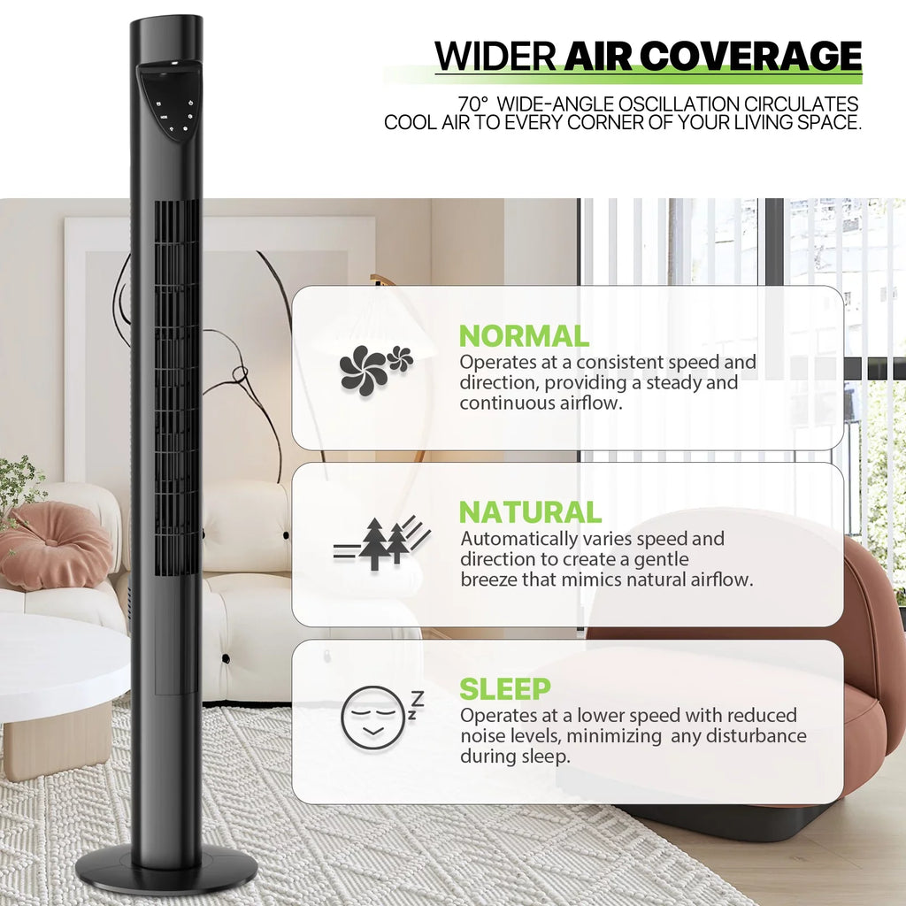 Noise Fan Tower LED 3-Speeds Low USA 47"Oscillating w/Remote Fan & Bladeless
