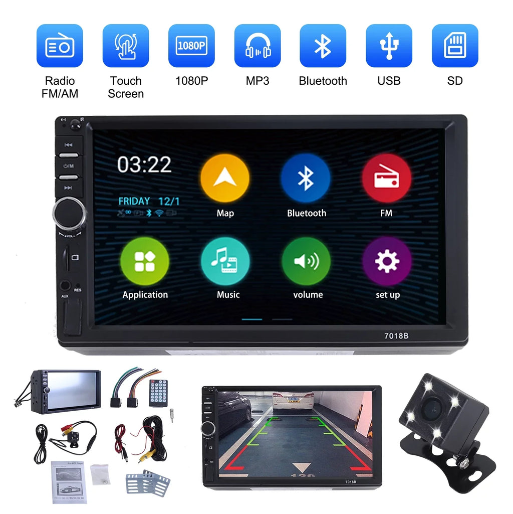 Din 2 Reversing MP5 HD Bluetooth Car Player Touch Double Camera with Player, Backup Inch Car Stereo 1080P Radio 7 Screen Video