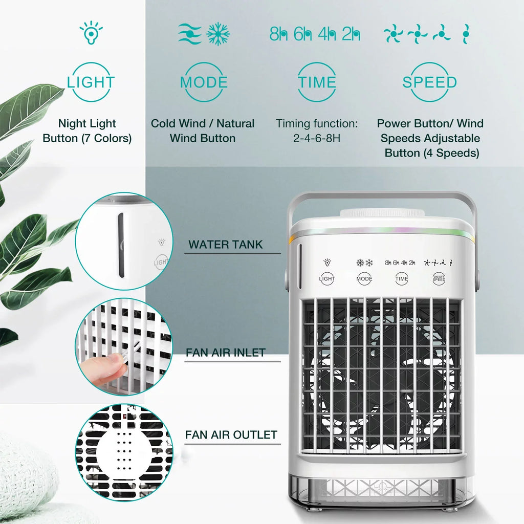 2-8H Air Light 7 Portable Hiroke Timer Fan Desk Office for Night Desktop Conditioners Fan Spray Personal Camping & 4-Speed Cooler Air with Home Conditioner Mini Air