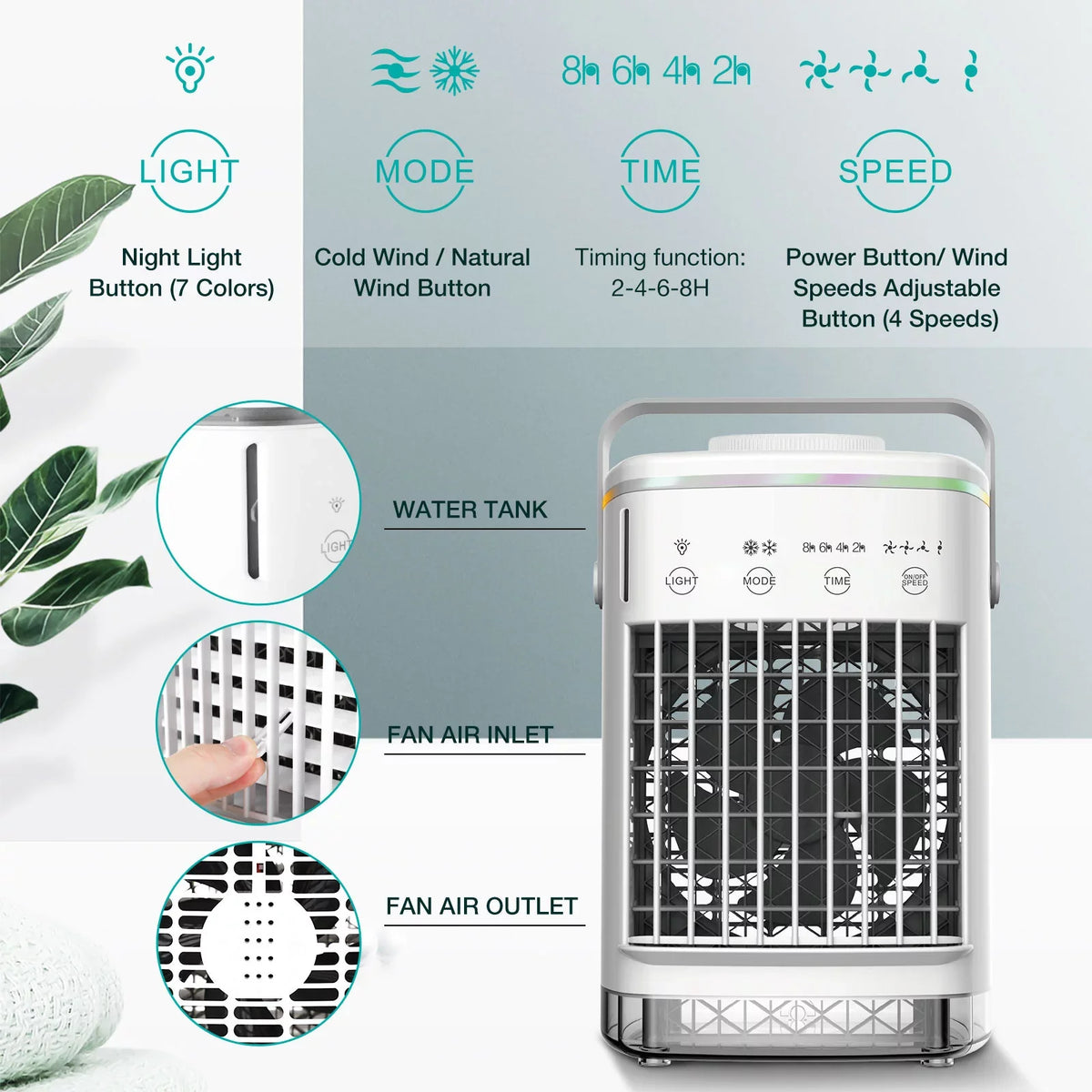 2-8H Air Light 7 Portable Hiroke Timer Fan Desk Office for Night Desktop Conditioners Fan Spray Personal Camping & 4-Speed Cooler Air with Home Conditioner Mini Air