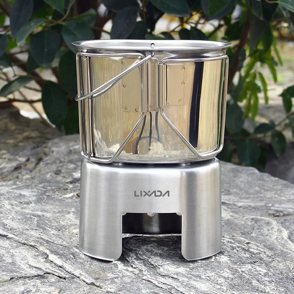 '- Set Steel Cup with Wood Pot and Camping for Stainless Survival Kitchenware Hanging Lixada Stove Canteen