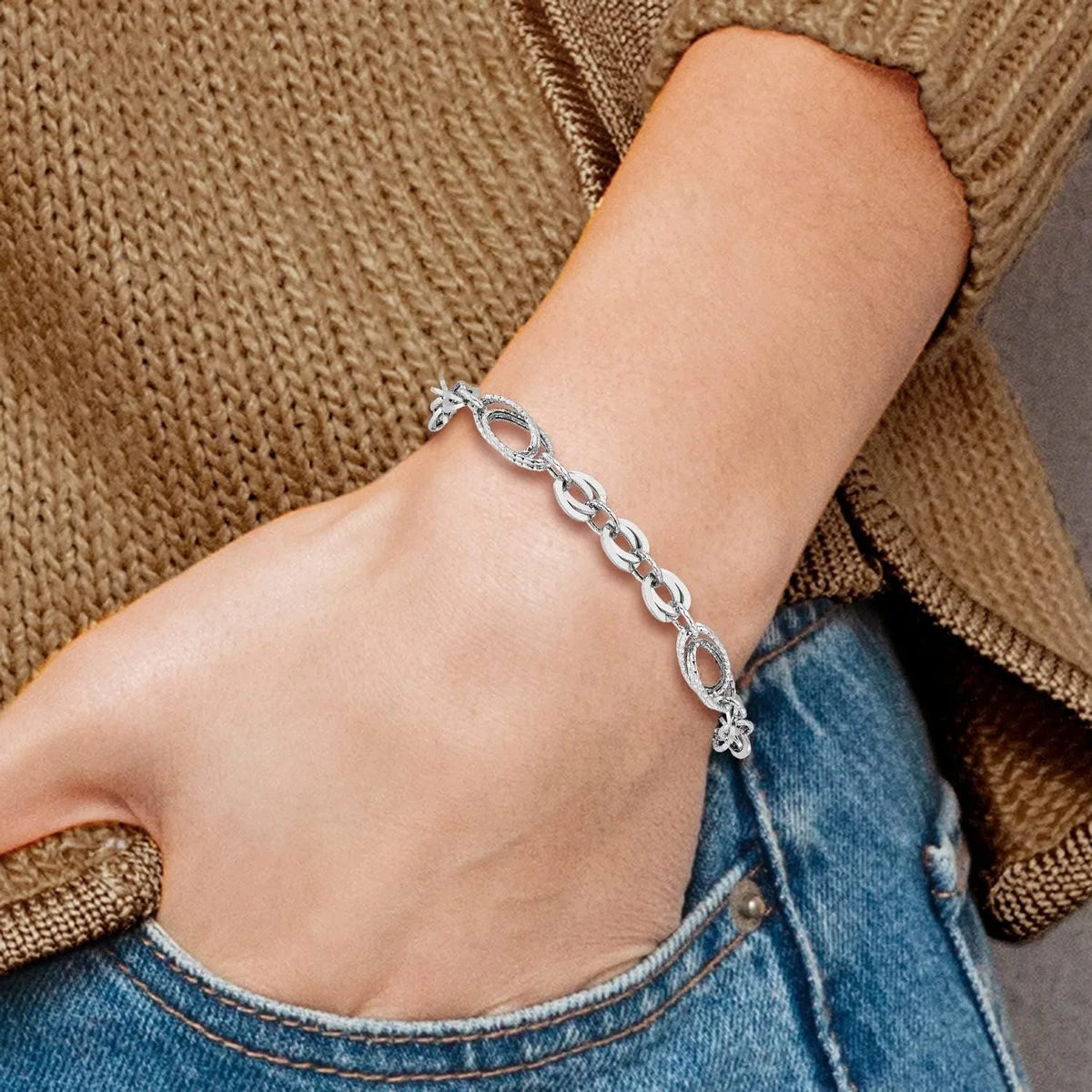 Oval Diamonds - 7.75"- Polished 14k & Italy White In Link Fancy Made Avariah Bracelet Gold Textured