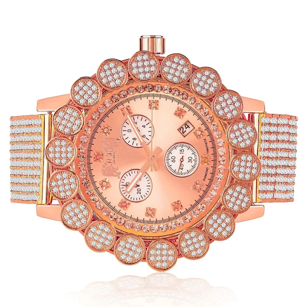 W/Date Real Band Rose Out Big Iced Men's Full Flower 14k Khronos Tone Face Gold Bezel Diamond Watch