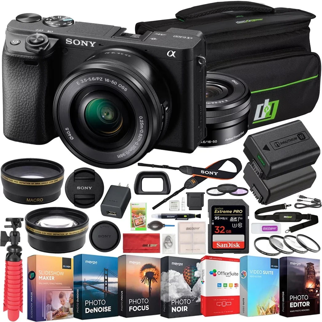 Editing Bundle Camera ILCE-6400L/B Lens Power 4K 0.43x & Case Deco f/3.5-5.6 16-50mm Gear 2.2X OSS a6400 Battery (Black) Sony Extra Set Telephoto with Lens + Kit Angle Wide Mirrorless and Filter