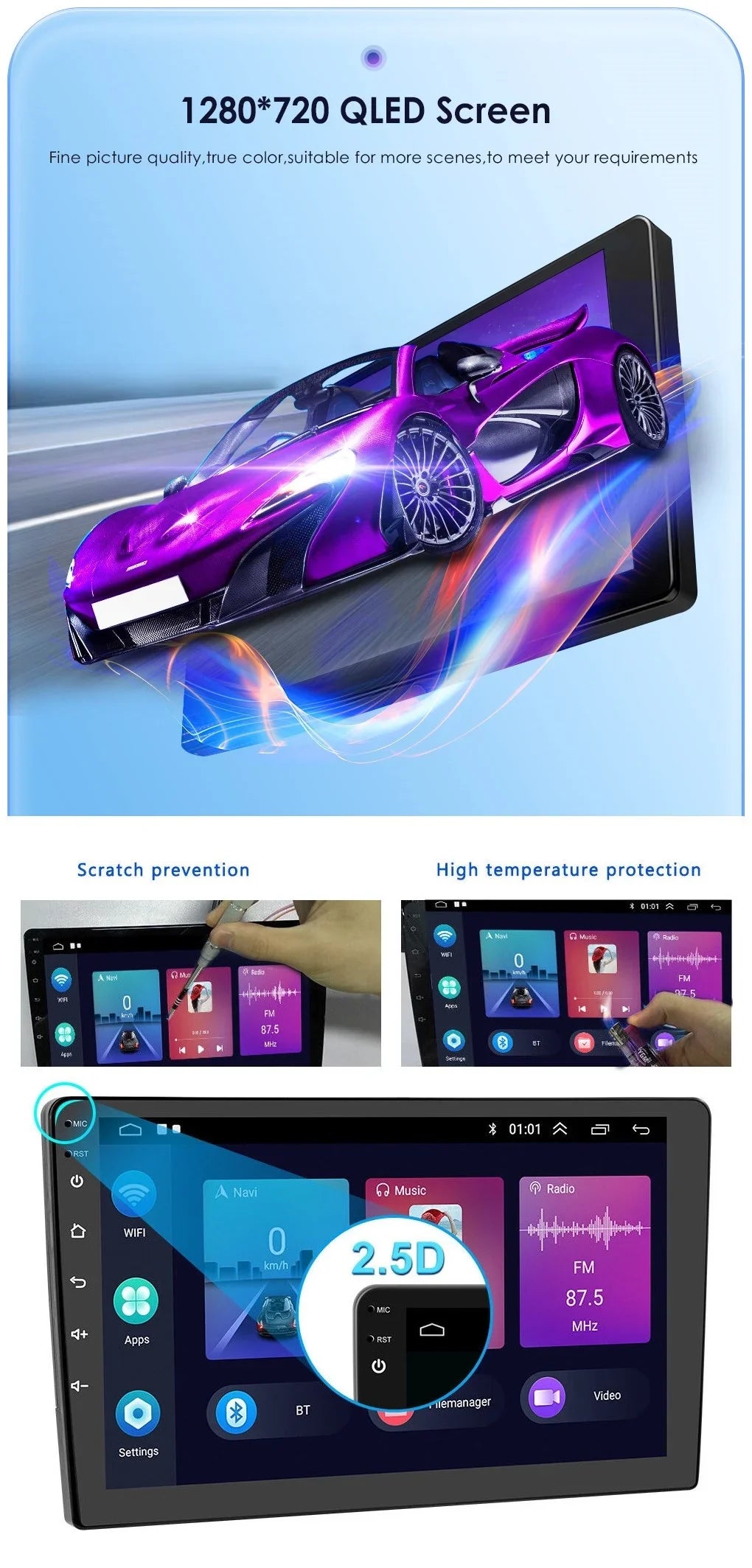 Radio 1280*720 Backup 10.1" Android GPS Bluetooth Din Camera Stereo Screen Double Carplay 2+32GB Android WiFi FM/RDS Car IPS AHD Wireless Auto USB Navigation Receiver