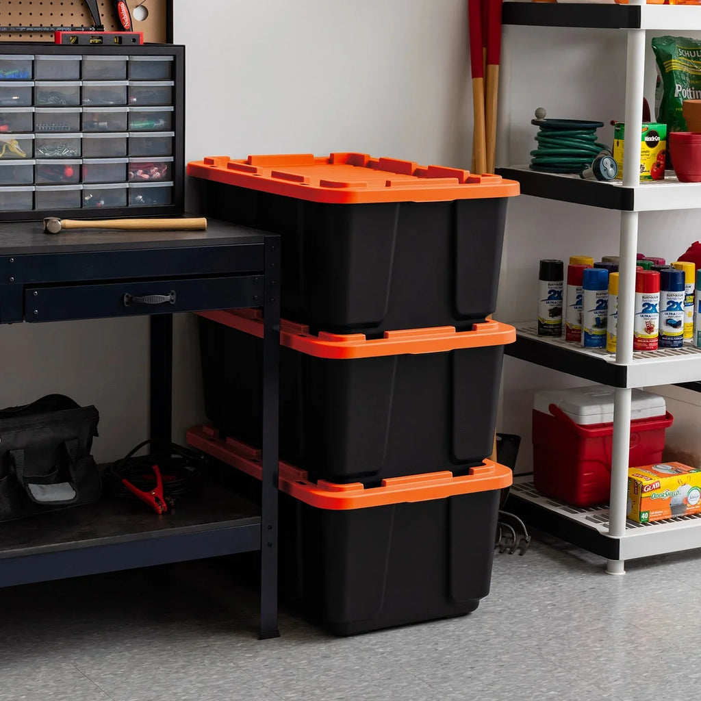 Orange Black 3 108qt/27gal Pack with USA Utility IRIS Lid Tote, Tough Heavy Duty