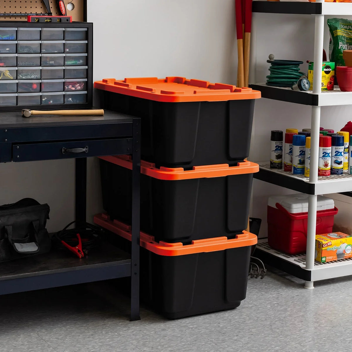 Orange Black 3 108qt/27gal Pack with USA Utility IRIS Lid Tote, Tough Heavy Duty