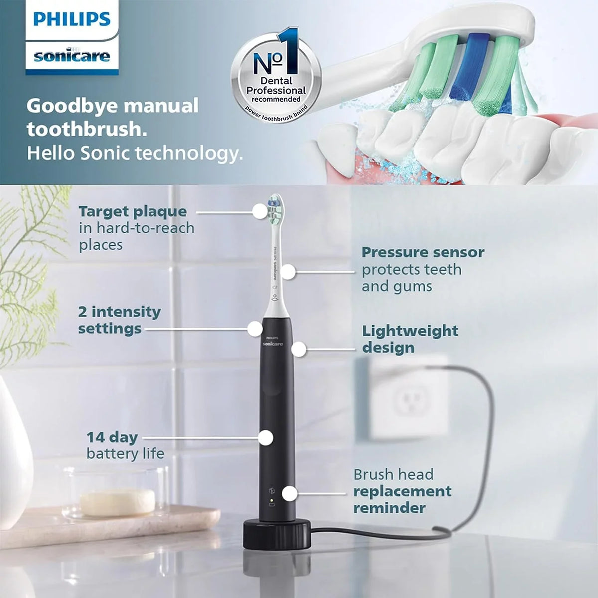 4100 Philips Sonicare Rechargeable Toothbrush, Toothbrush Black Sensor, Pressure Power with Electric