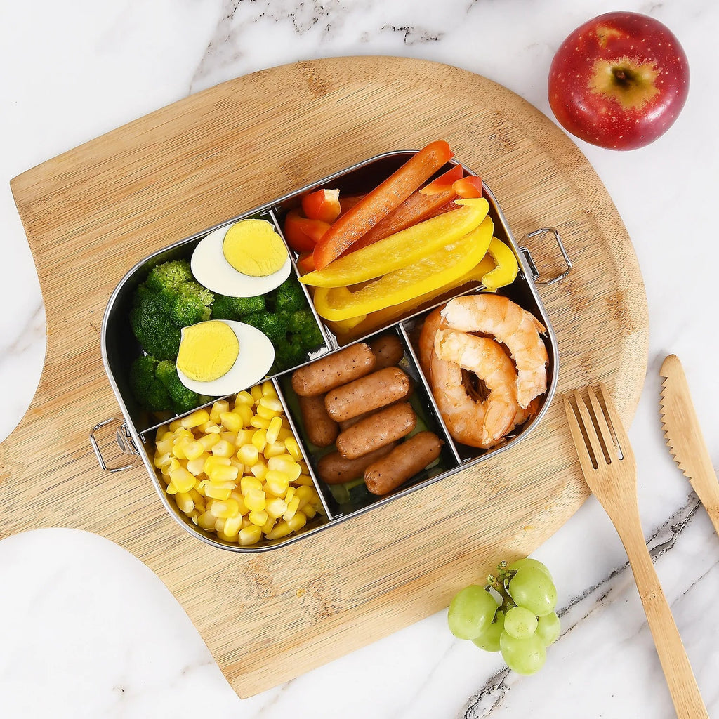 Bento Container Lunch Leak Proof 5-Compartment UPTRUST Bento Steel Food Lockable Clips Adults Box to for Stainless or Lunch 1400ML Large Kids Container, Metal Box with