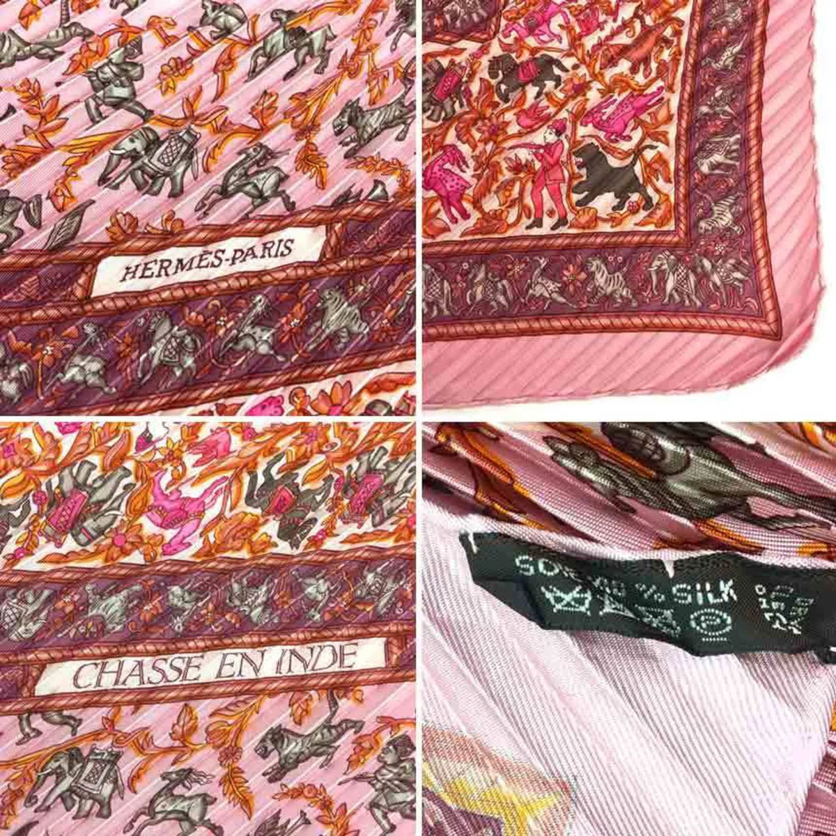 Women's EN Silk Hermes (Like aq5273 Hunting INDE Pink Indian HERMES 100% 90 Pleated Carre New) Scarf CHASSE Pre-Owned