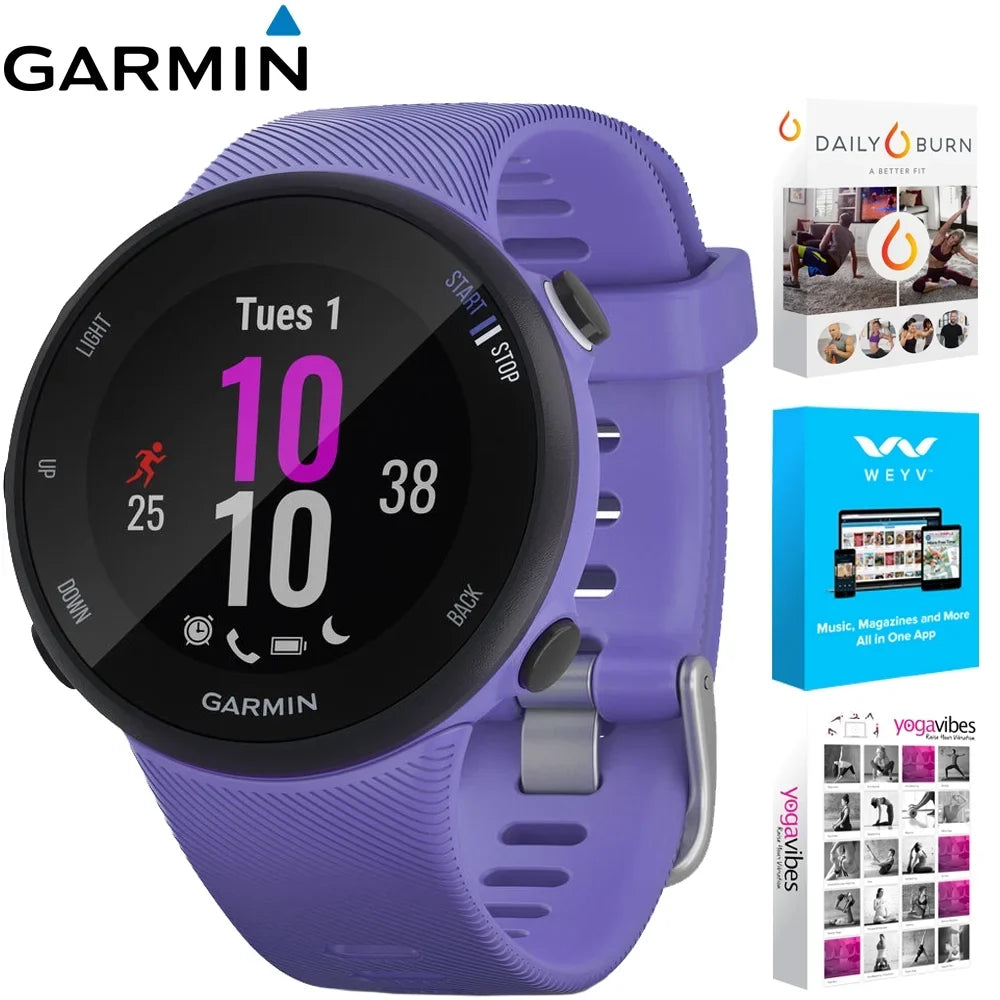 Heart 45S Fitness Daily (Refurbished) GPS Burn) Forerunner Running & Bundle Monitor (Iris) Suite Rate - Garmin (WEYV, Vibes, 010-N2156-01 Restored Wellness With Yoga Smartwatch
